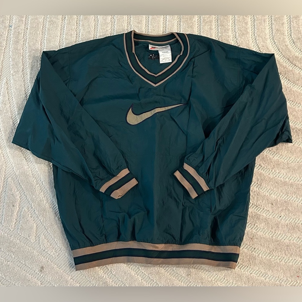 Vintage 90s Nike Big Center Swoosh V-Neck Nylon Pullover Windbreaker - XL